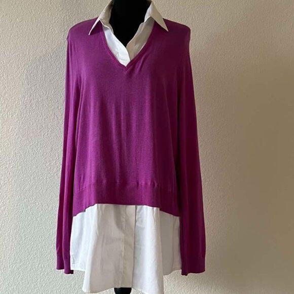 Ralph Lauren Orchid Pink Purple Sweater Exposed White Collar Button up Shirt XL - Picture 1 of 9